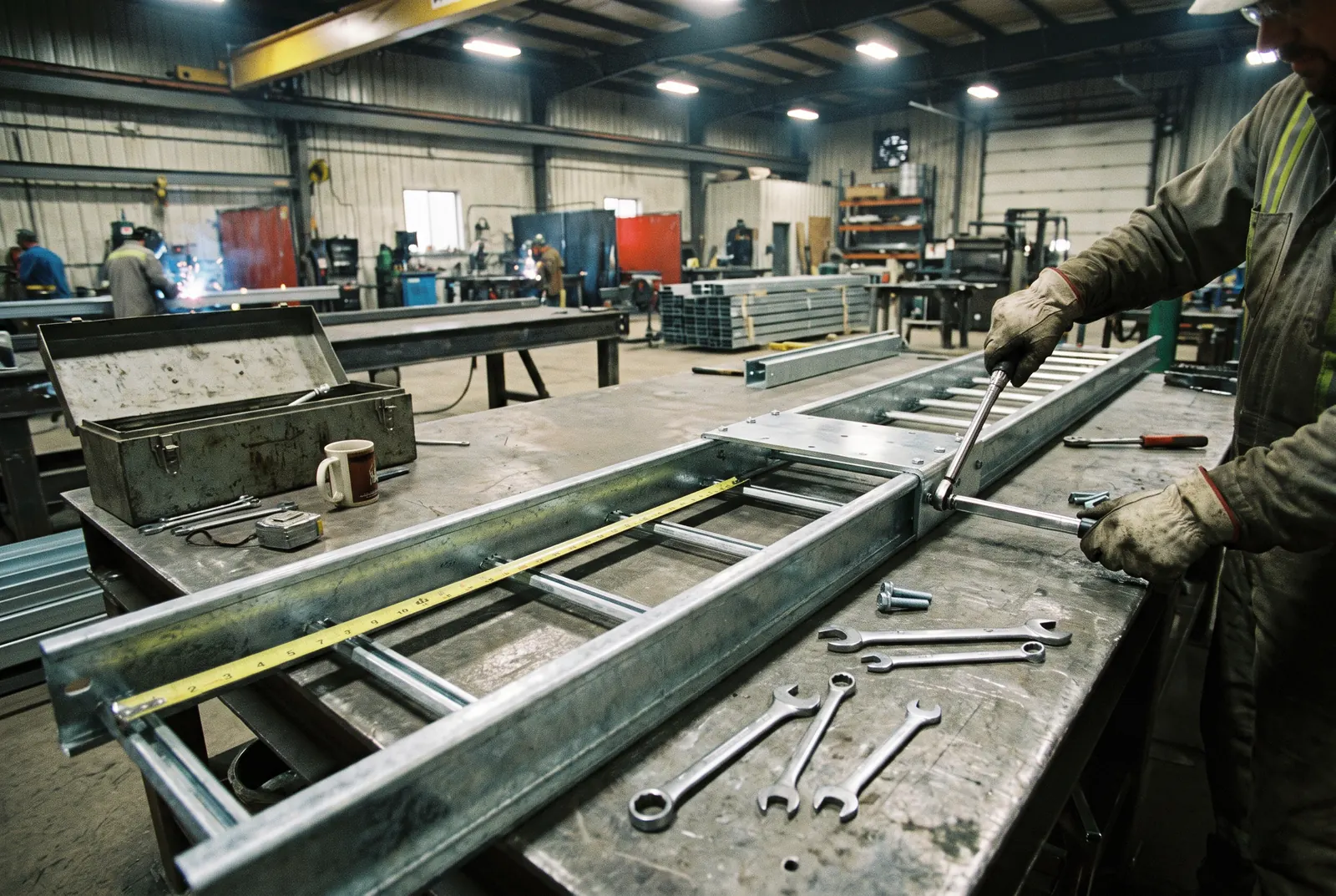Assemblage boulonné d'une section de pont à câbles galvanisé sur une table d'atelier